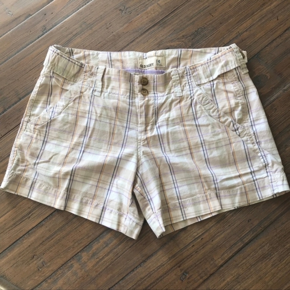 Old Navy Tan Cream Plaid Shorts Women's 6 Spring Summer Everyday Classic EUC